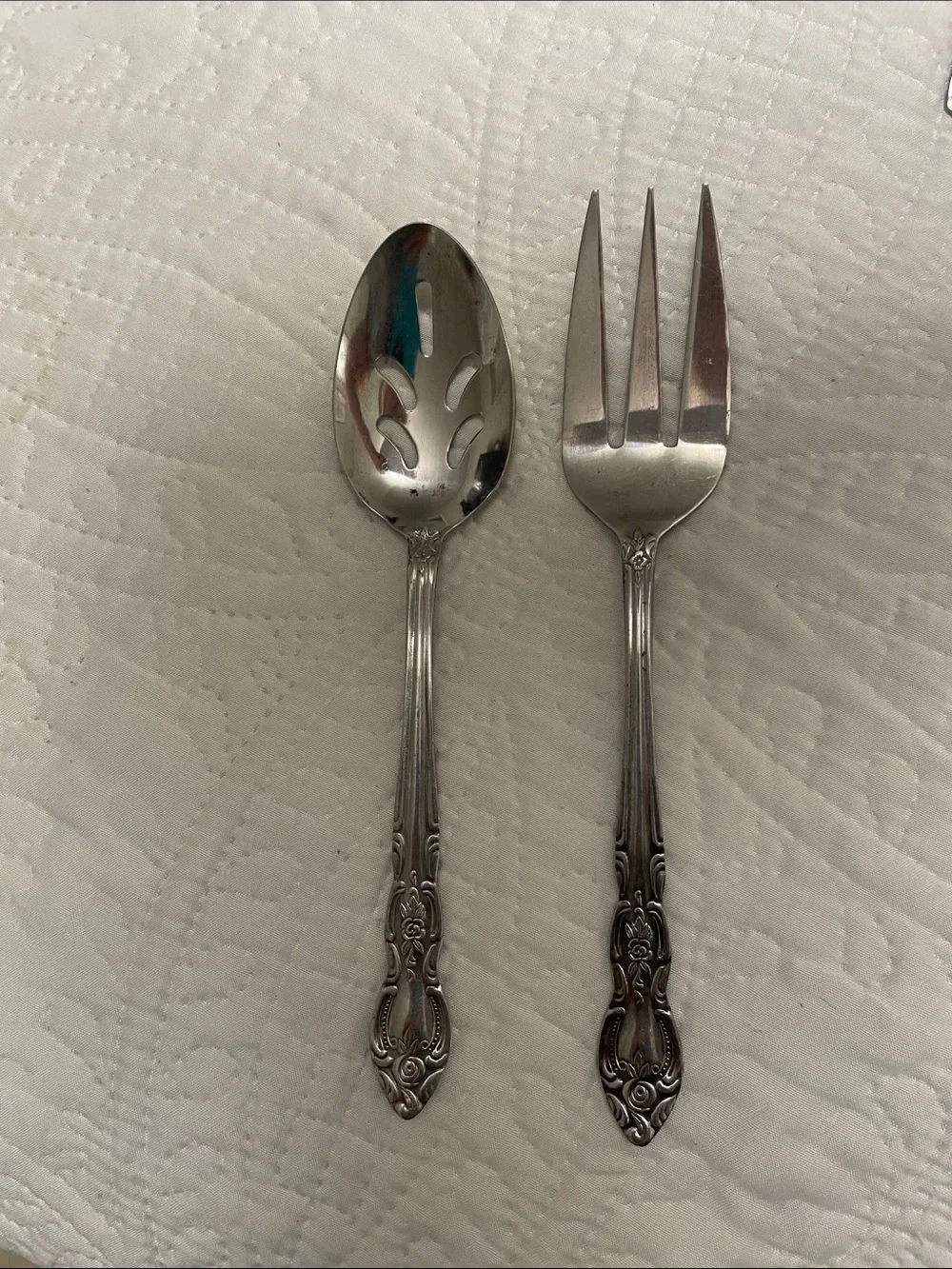 Vintage Set of 2 LUSTREWARE Rose Pattern Serving Fork & Slotted Spoon Set